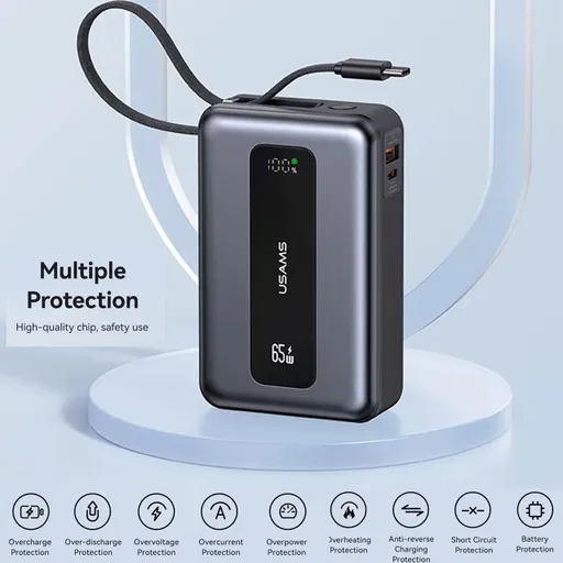 پاوربانک 20000 میلی آمپر یوسمز 65 وات مدل Usams CD243 20KCD24301 دارای کابل USB-C متصل - همت الکترونیک