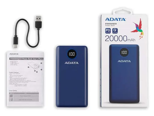 پاوربانک 20000 میلیآمپر ای دیتا 18 وات مدل Adata P20000QCD - همت الکترونیک